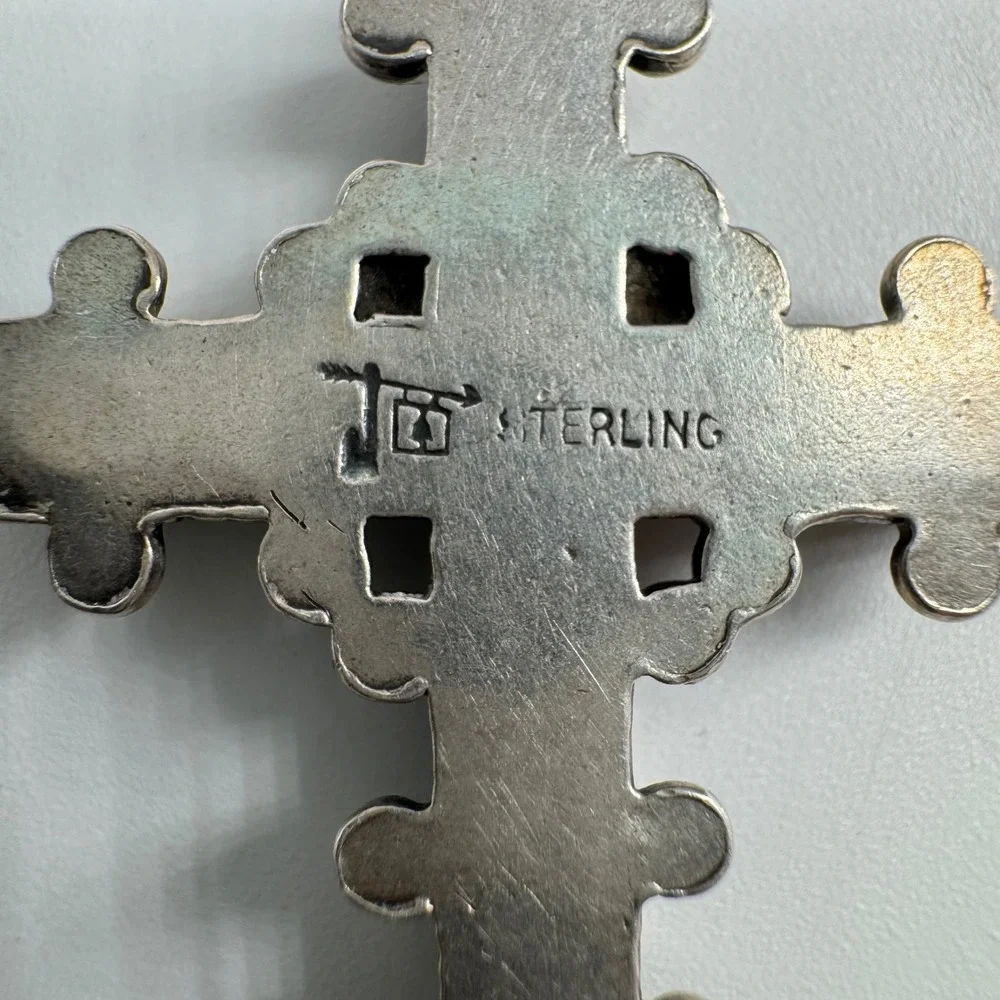 Vintage Navajo Sterling Silver Turquoise Cross Pendant - Signed Tom Bahe